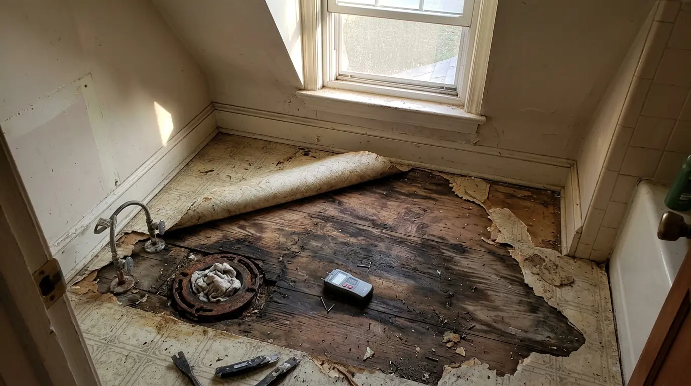 Rental bathroom with toilet removed and vinyl peeled back to show a stained plywood subfloor and moisture meter