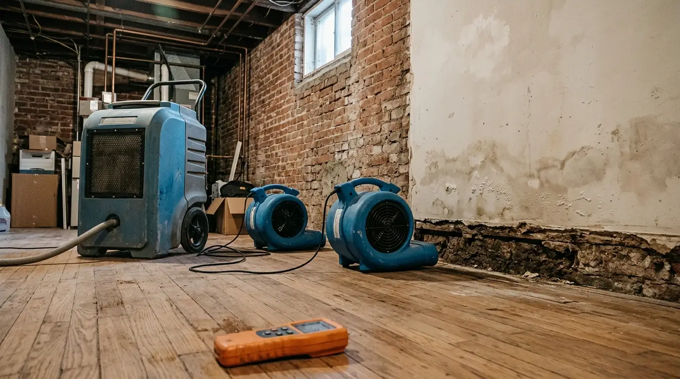 Dehumidifier and air movers drying a damp plaster wall and oak floor in a DC rowhouse basement