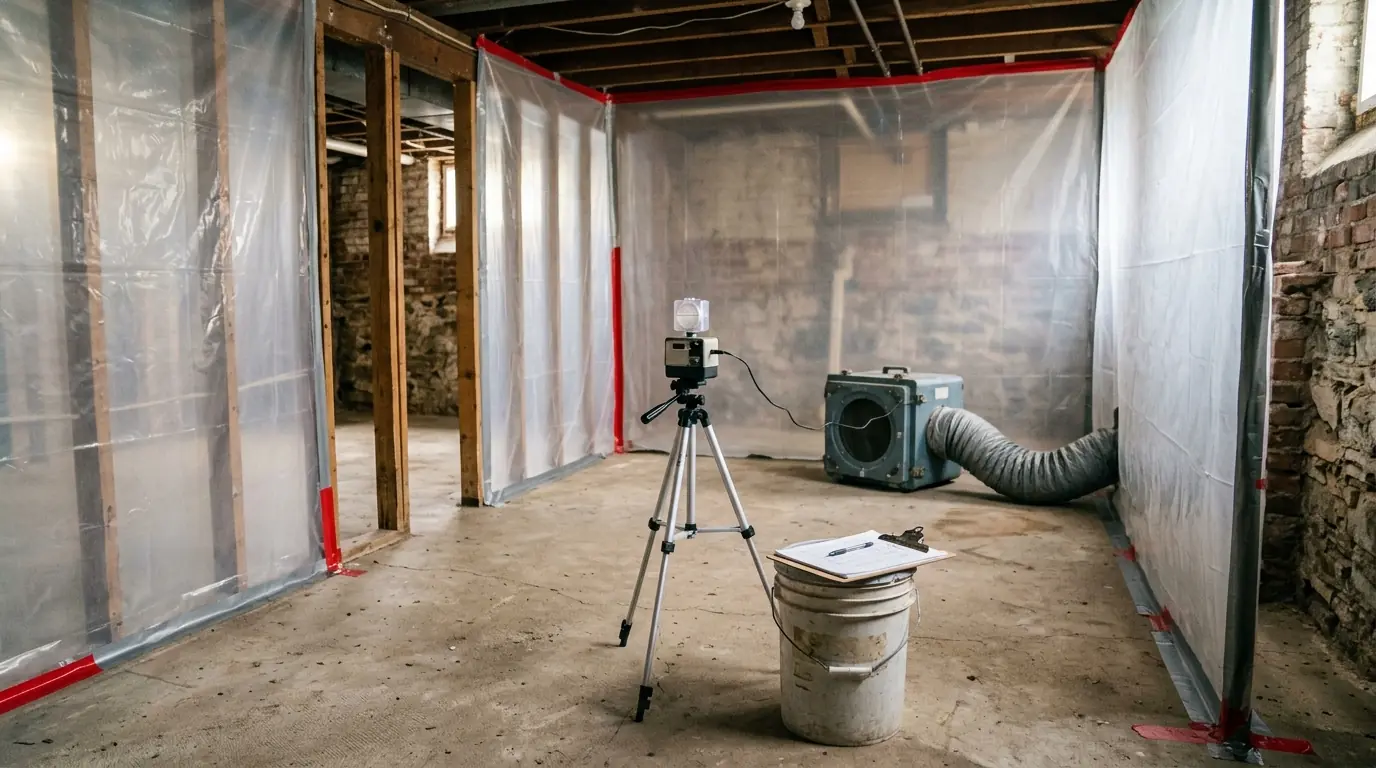 Air sampling pump on a tripod inside plastic containment in a cleaned basement