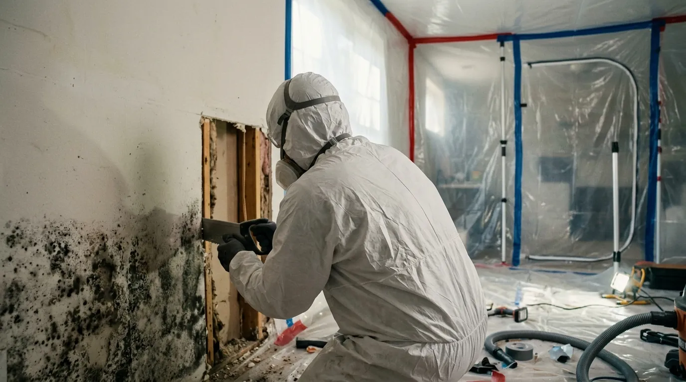 Technician in a respirator and white coveralls seen from behind cutting moldy drywall inside plastic containment