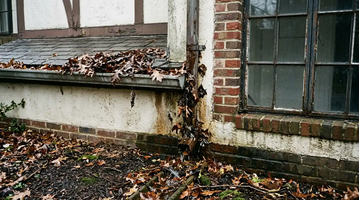 Gutter packed with wet oak leaves overflowing down the brick wall of a Tudor style house