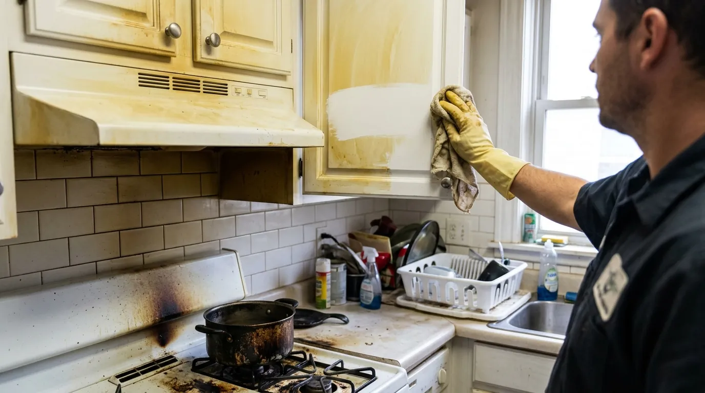 Kitchen with a scorched pot on the stove and a faint yellow smoke film on white cabinets and the range hood