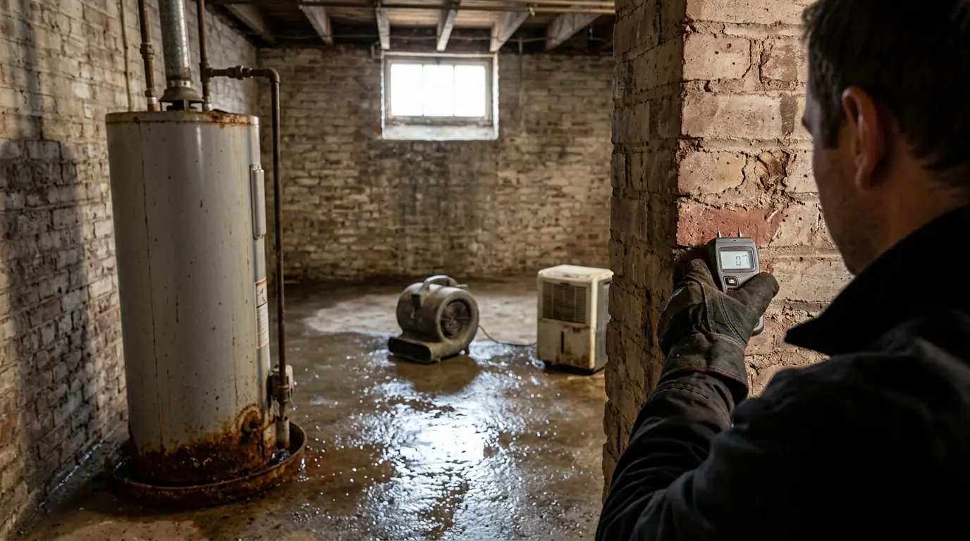 Wet basement floor around a leaking water heater with an air mover and dehumidifier set up nearby