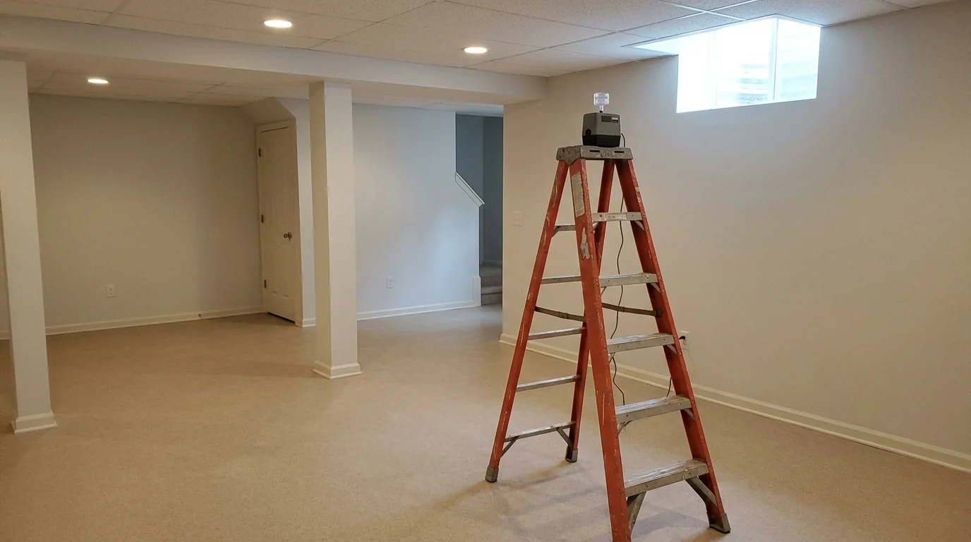 Clean finished basement room after remediation with an air sampling pump set on a stepladder