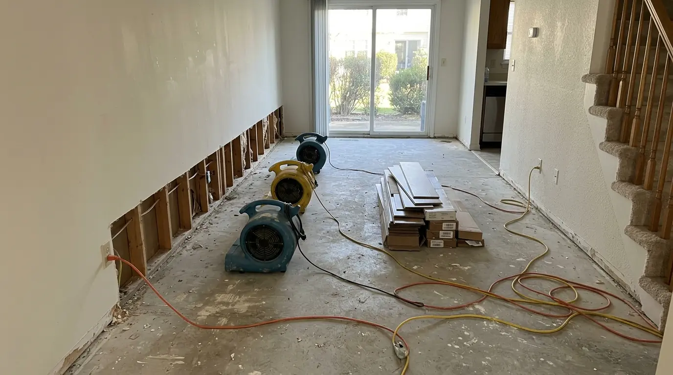 Townhouse first floor with laminate removed, baseboards off and air movers drying the bottom of the drywall
