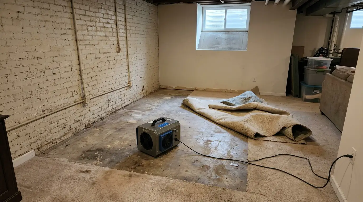 Hydroxyl generator running in an empty basement room with brick walls, wet carpet pad removed from the floor