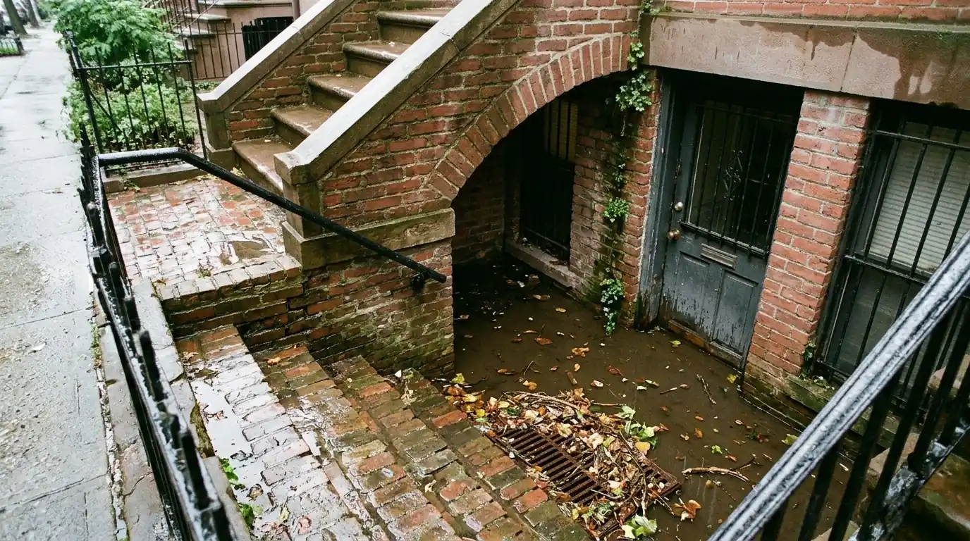 Basement stairwell of a DC rowhouse with standing storm water and leaves clogging the drain at the bottom