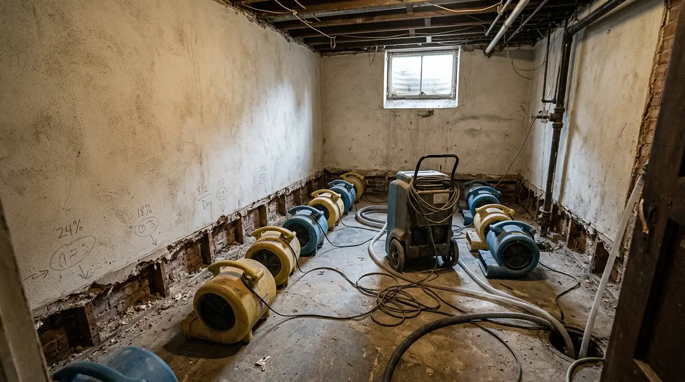Basement mid dry-out with air movers, a dehumidifier and marked plaster walls