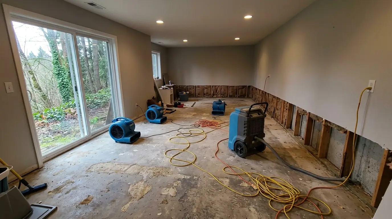 Air movers drying a finished walkout basement in a house on a wooded hillside lot