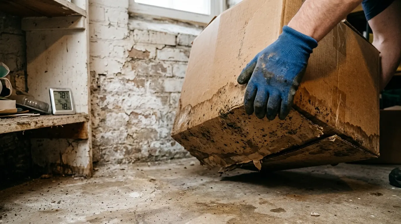 Gloved hand lifting a stained cardboard box off a basement slab beside a brick wall with white efflorescence