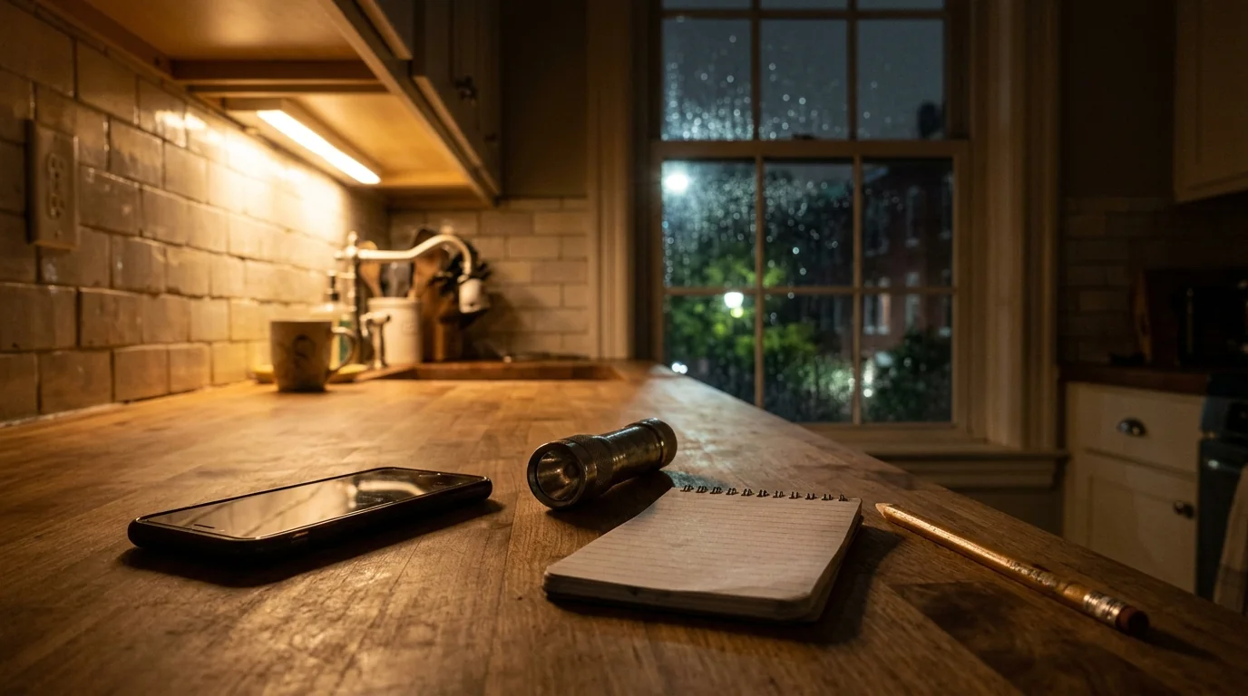 Phone, flashlight and notepad on a kitchen counter in a dim DC rowhouse during a basement leak