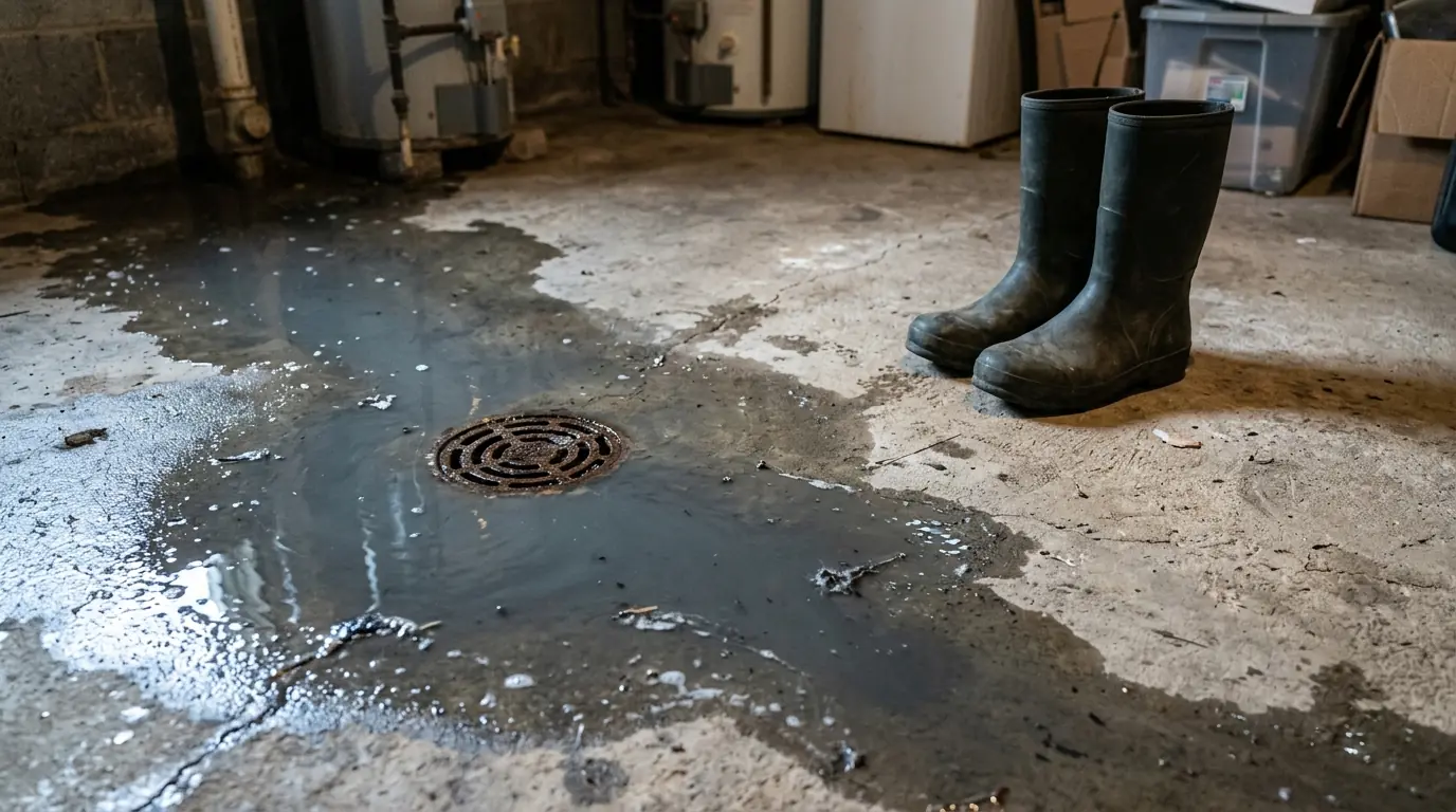 Basement floor drain with gray water spreading across a concrete floor