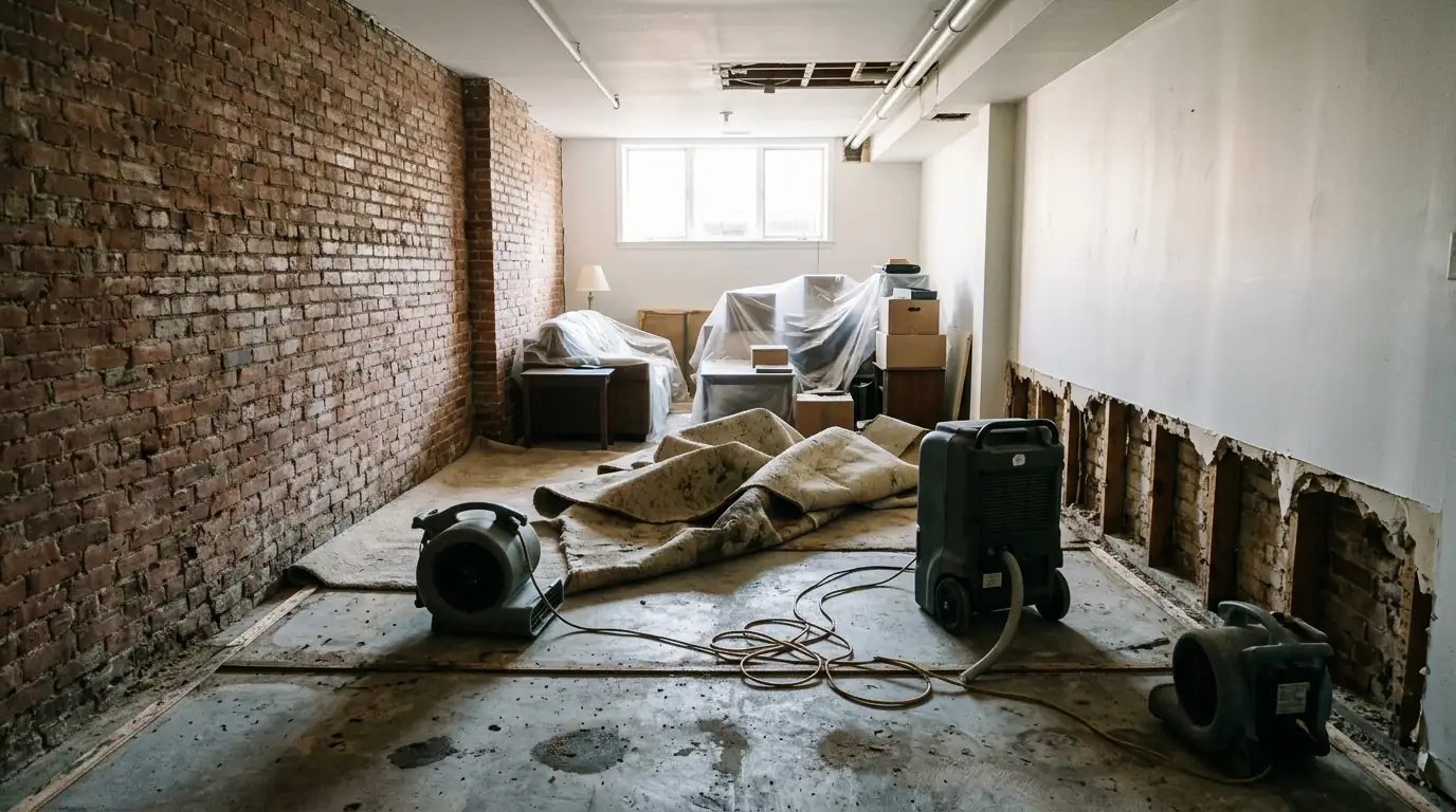 Air movers drying an English basement apartment with plaster walls and an exposed brick party wall