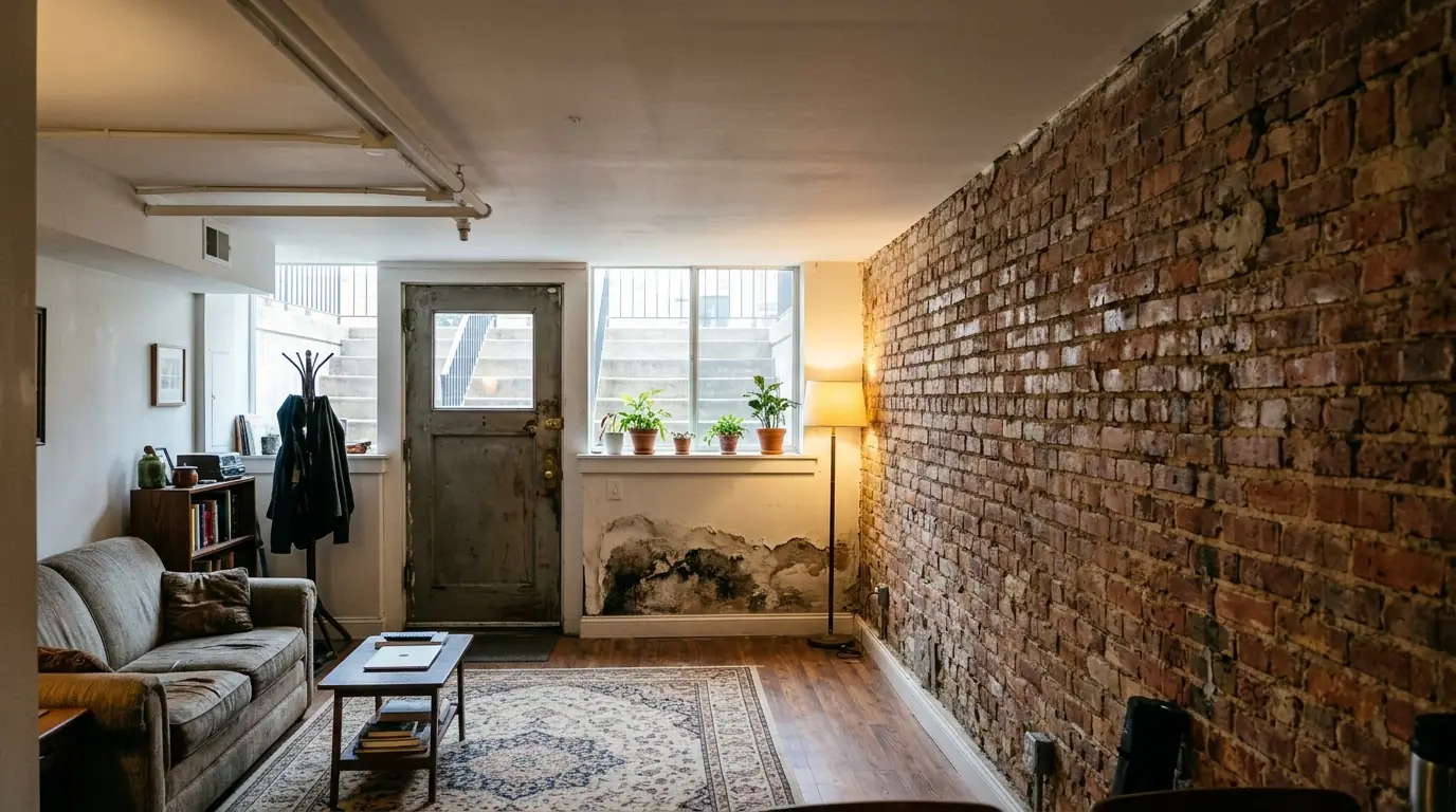 English basement apartment with a damp patch at the front wall
