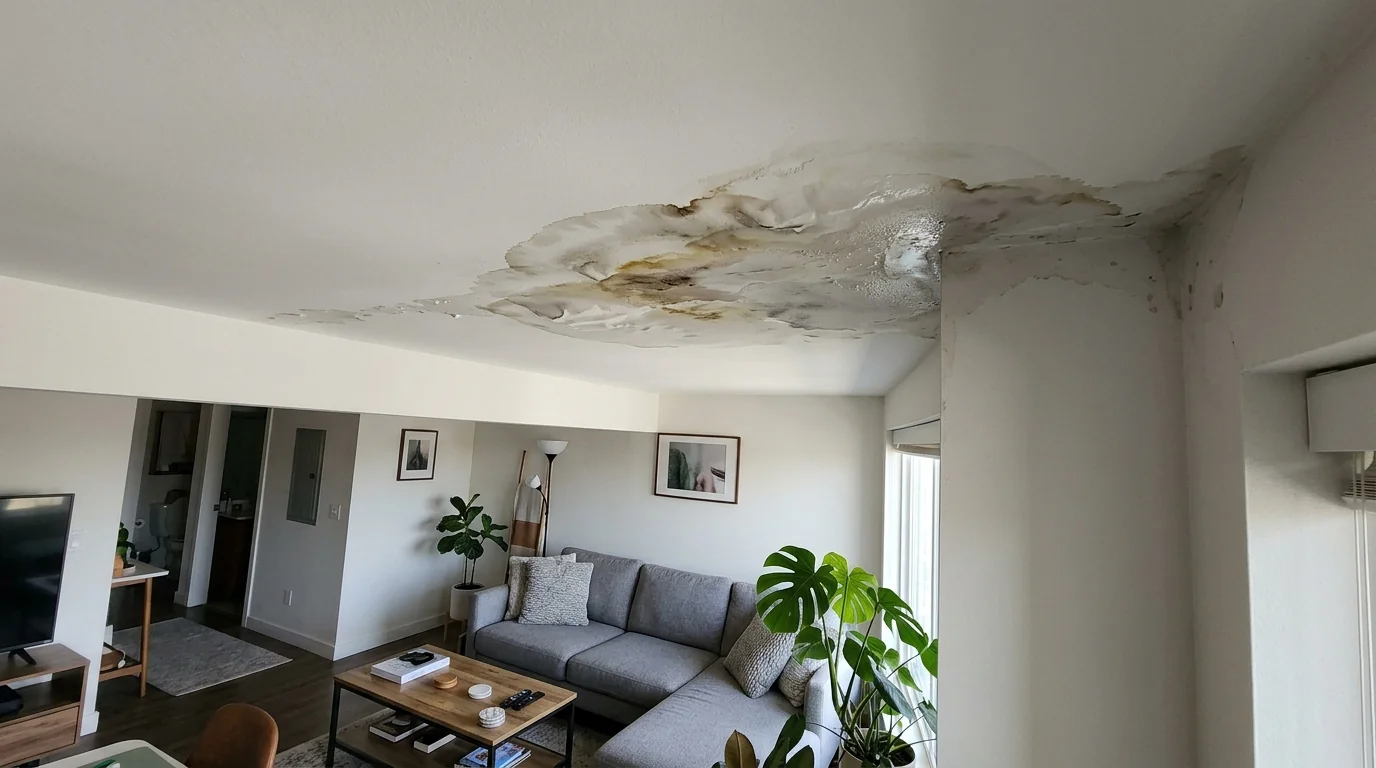 Water stain spreading on a condo living room ceiling