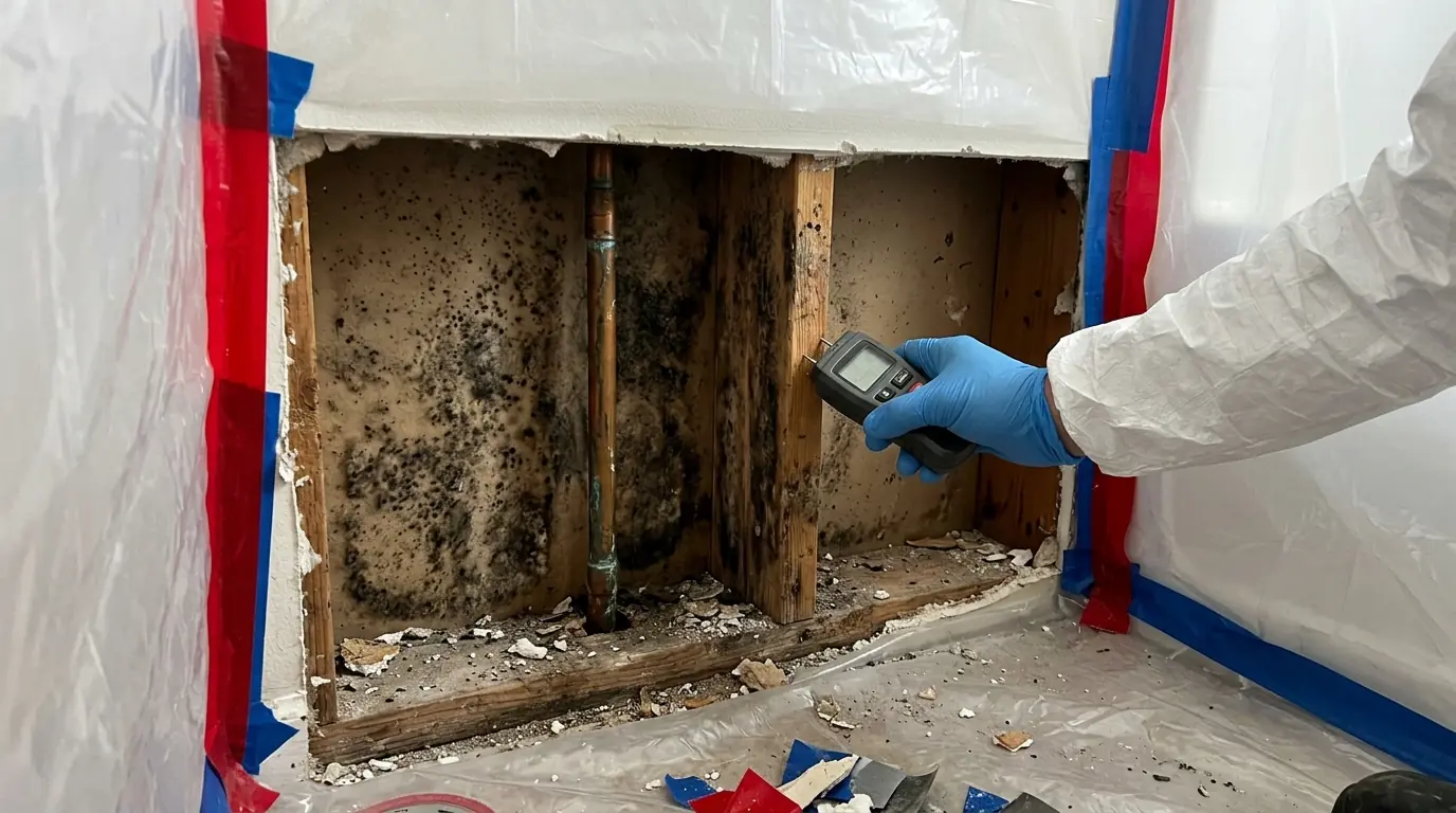 Opened drywall at the base of a bathroom wall showing mold on the back of the board and studs