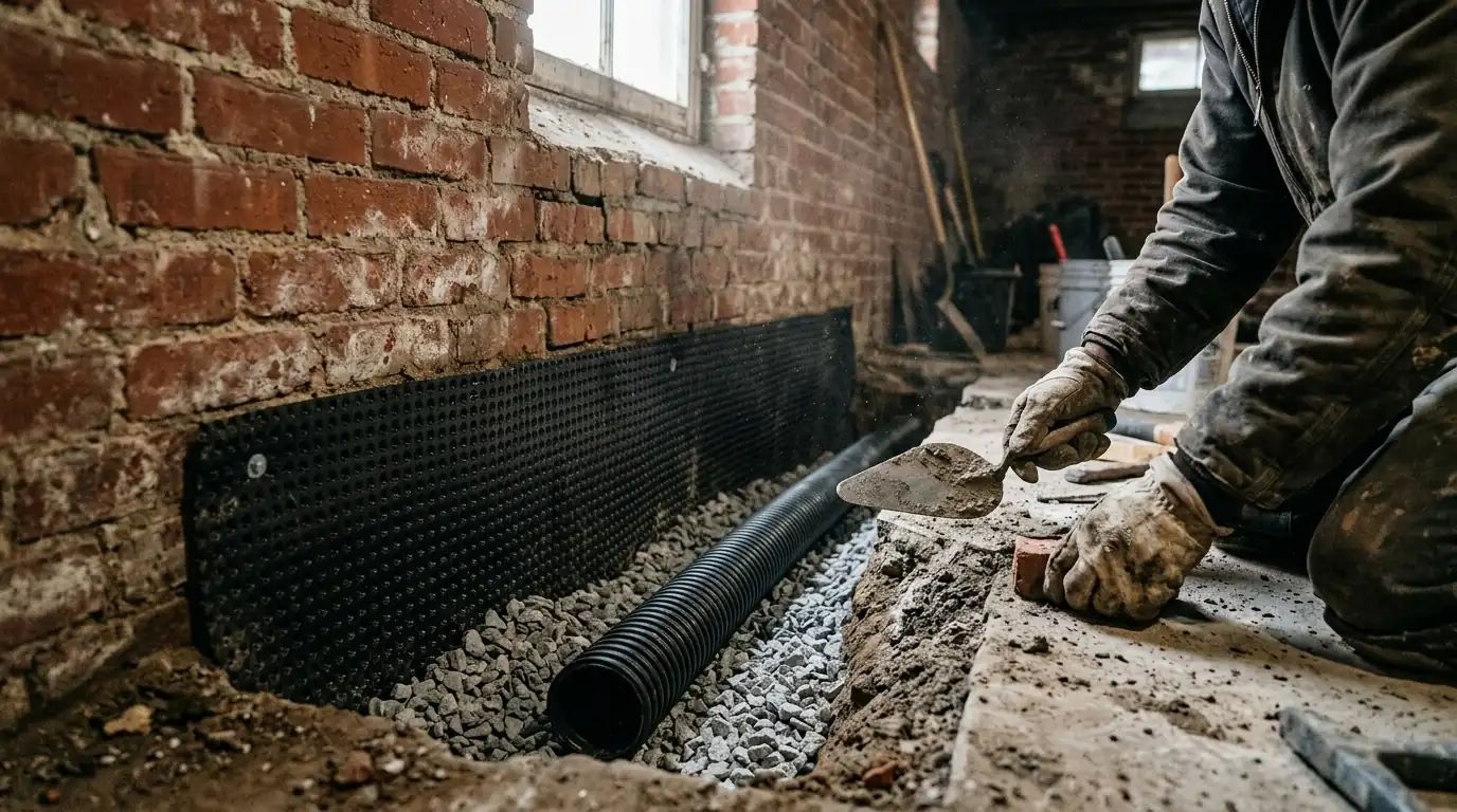 Interior drain trench with gravel and dimpled membrane along the base of a brick rowhouse basement wall