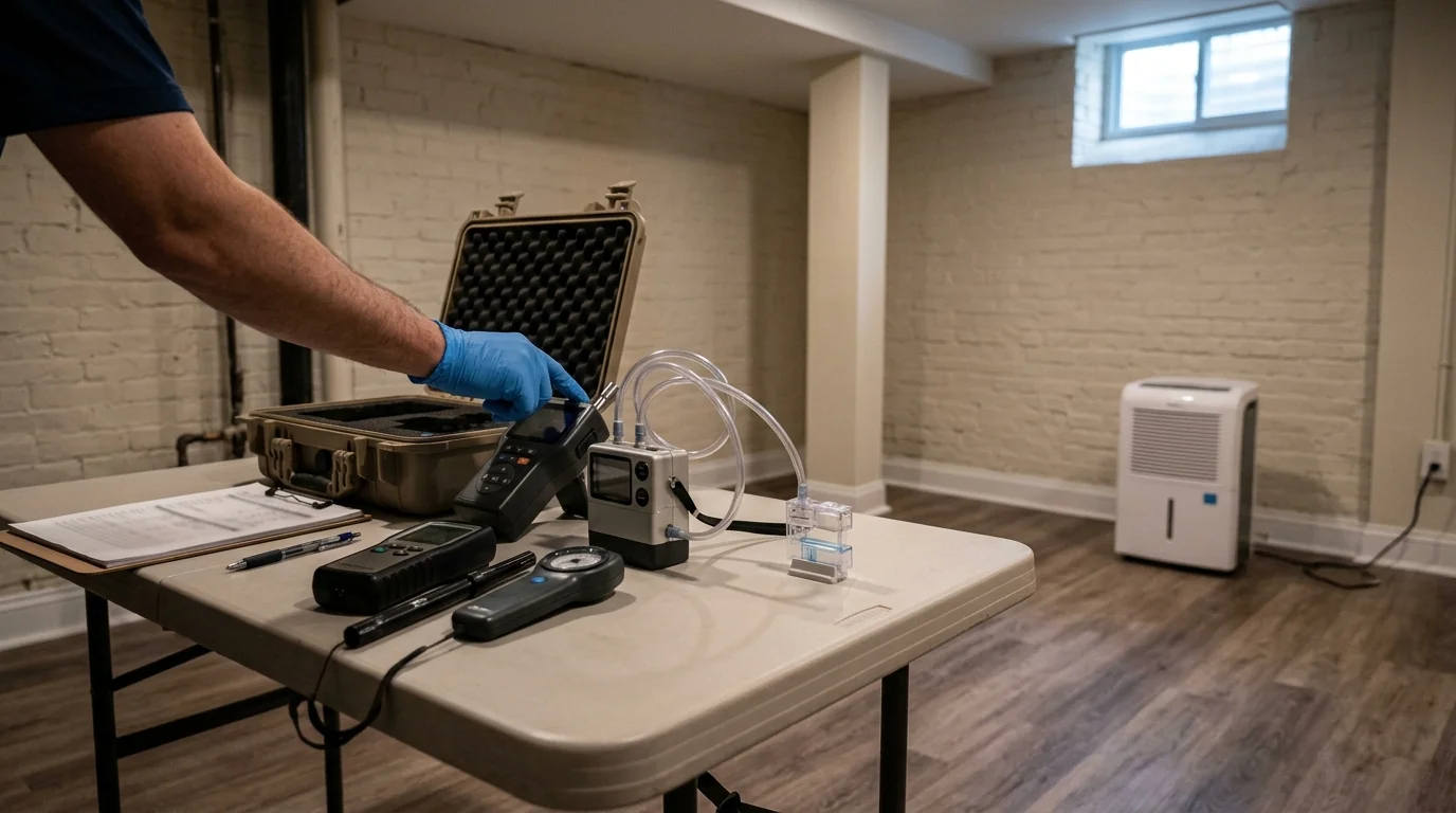 Handheld humidity and particle meters on a table in a finished rowhouse basement