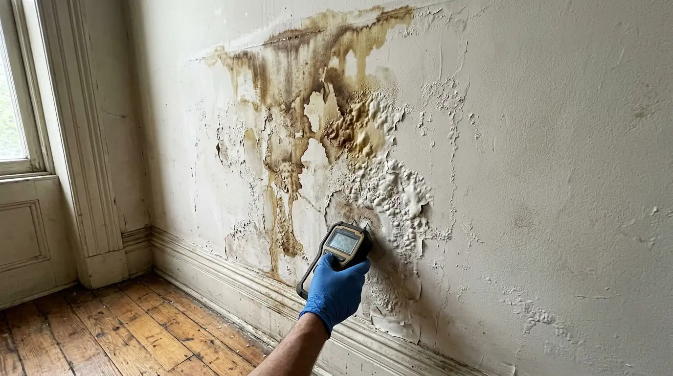 Water-stained plaster on a brick party wall in a DC rowhouse with a moisture meter held to the damp patch