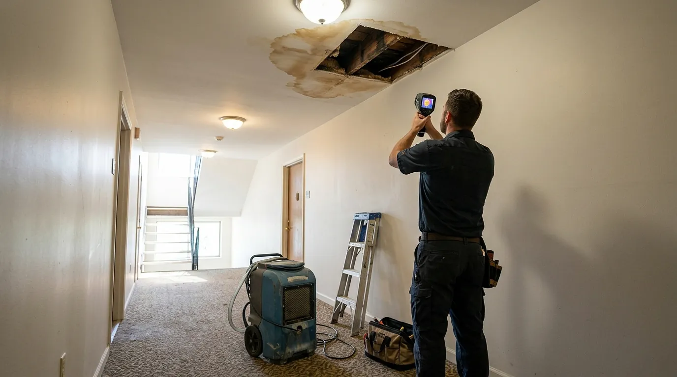 Garden apartment hallway ceiling with a water stain and cut drywall, checked with a thermal camera