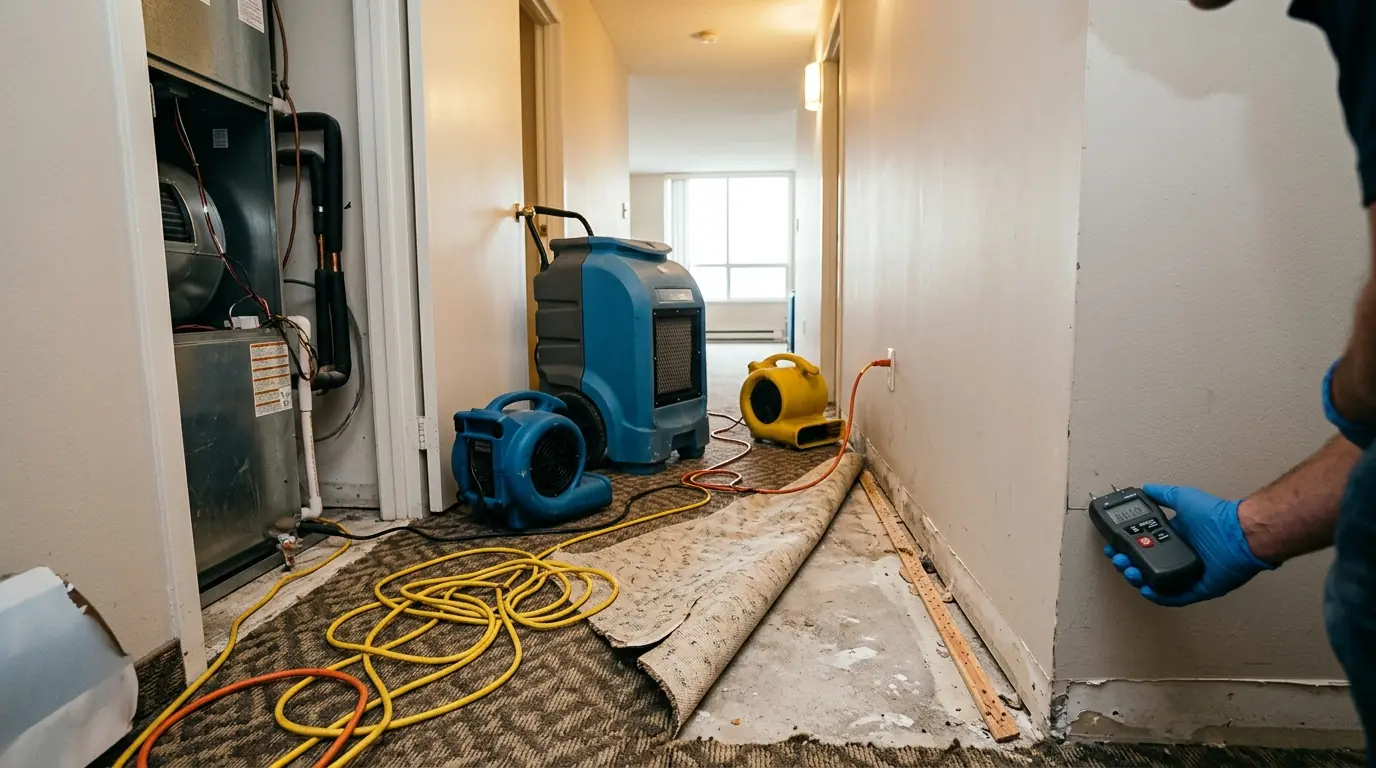 Dehumidifier and air movers drying a wet hallway inside a high-rise condo unit
