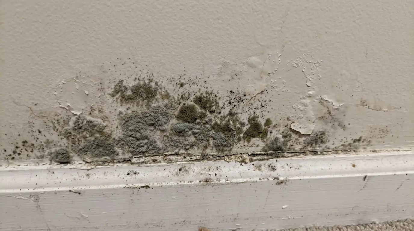 Mold on the lower edge of basement drywall