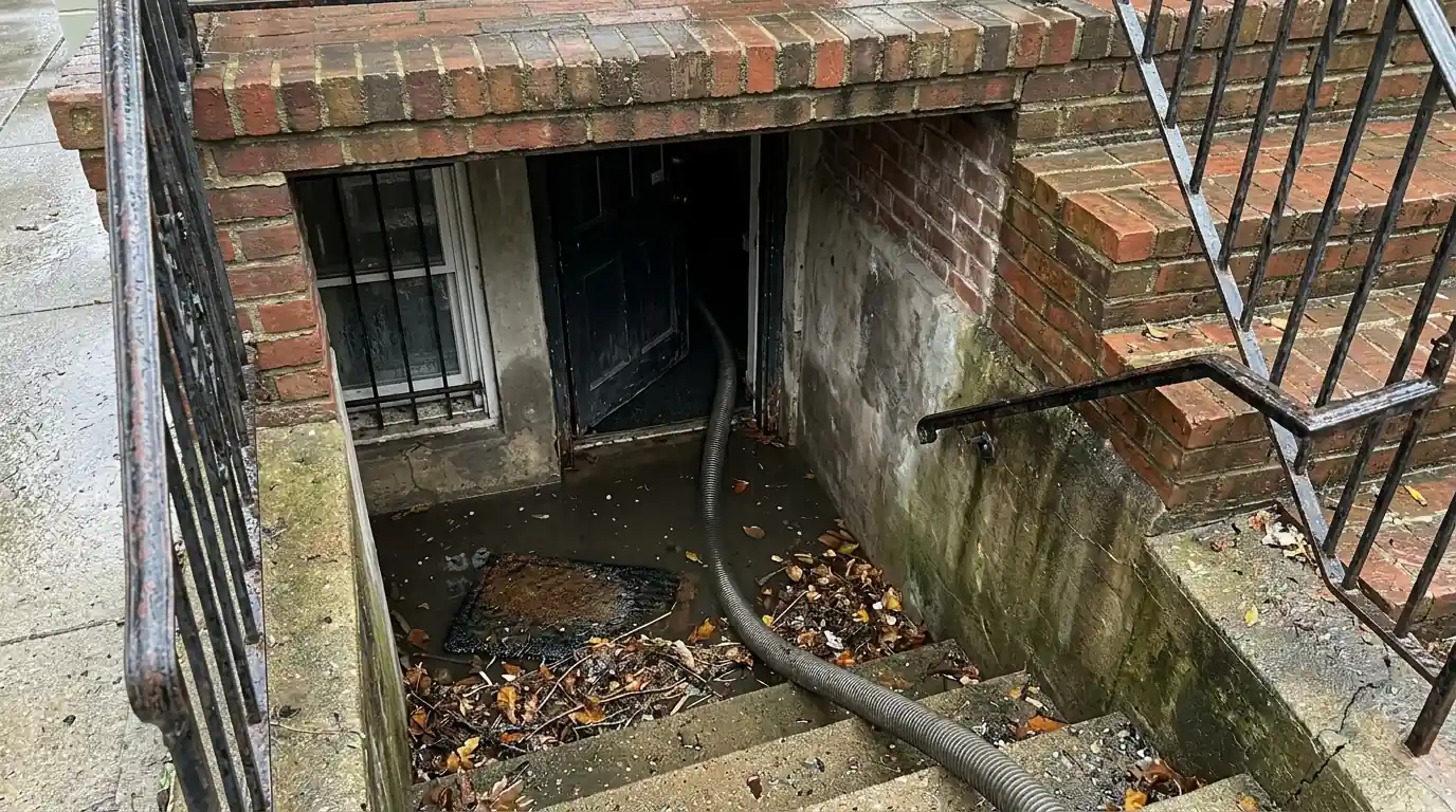 Rainwater pooled at a clogged stairwell drain outside an English basement door under a brick stoop
