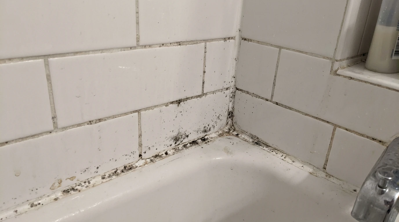 Mold along the caulk line and grout of a white subway tile shower in a windowless bathroom