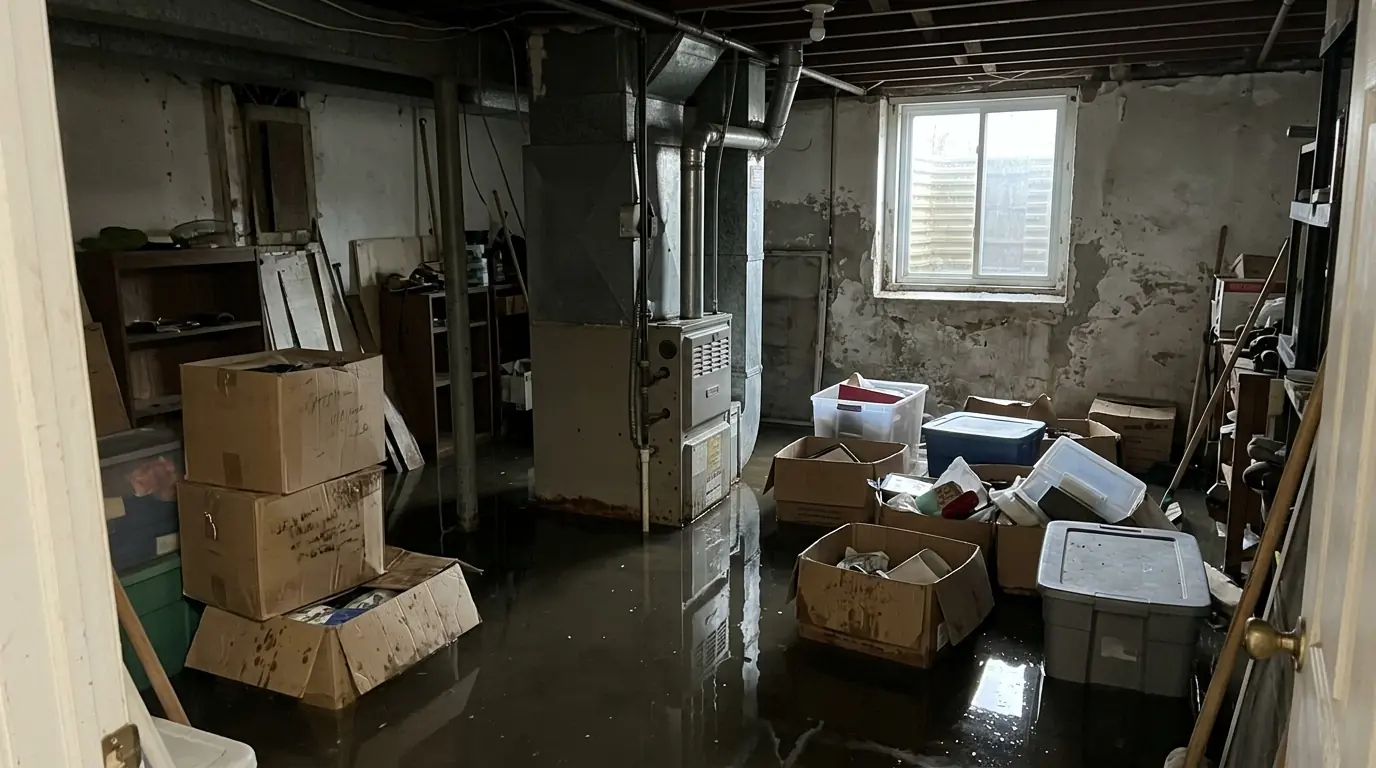 Several inches of standing water across a basement floor around a furnace and stored boxes