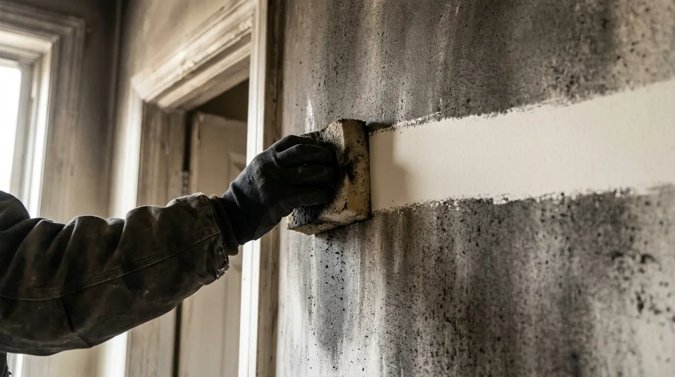 Gloved hand wiping a soot-covered painted wall with a dry chemical sponge leaving one clean stripe