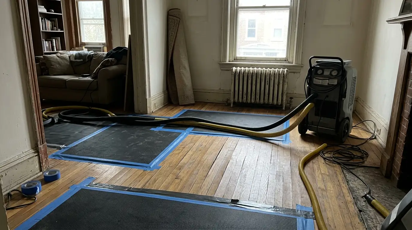 Black floor drying mats taped over cupped oak strip flooring in an older home with a dehumidifier running