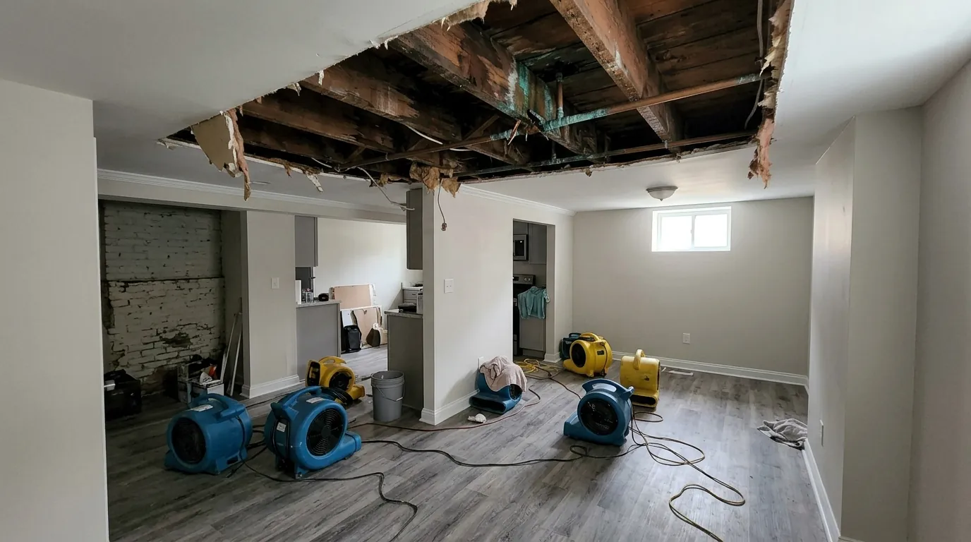 Opened basement ceiling under a rear kitchen addition with wet joists and a split copper pipe in a Petworth rowhouse