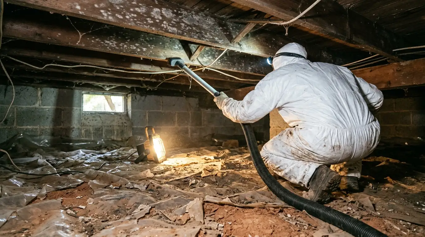 Technician in white coveralls HEPA vacuuming mold from floor joists in a low vented crawl space