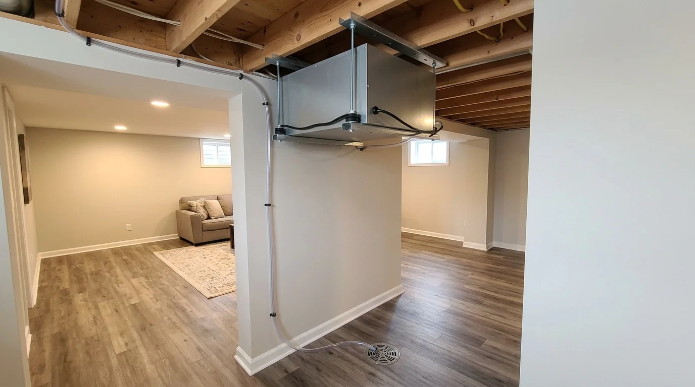 Whole-basement dehumidifier with a drain line