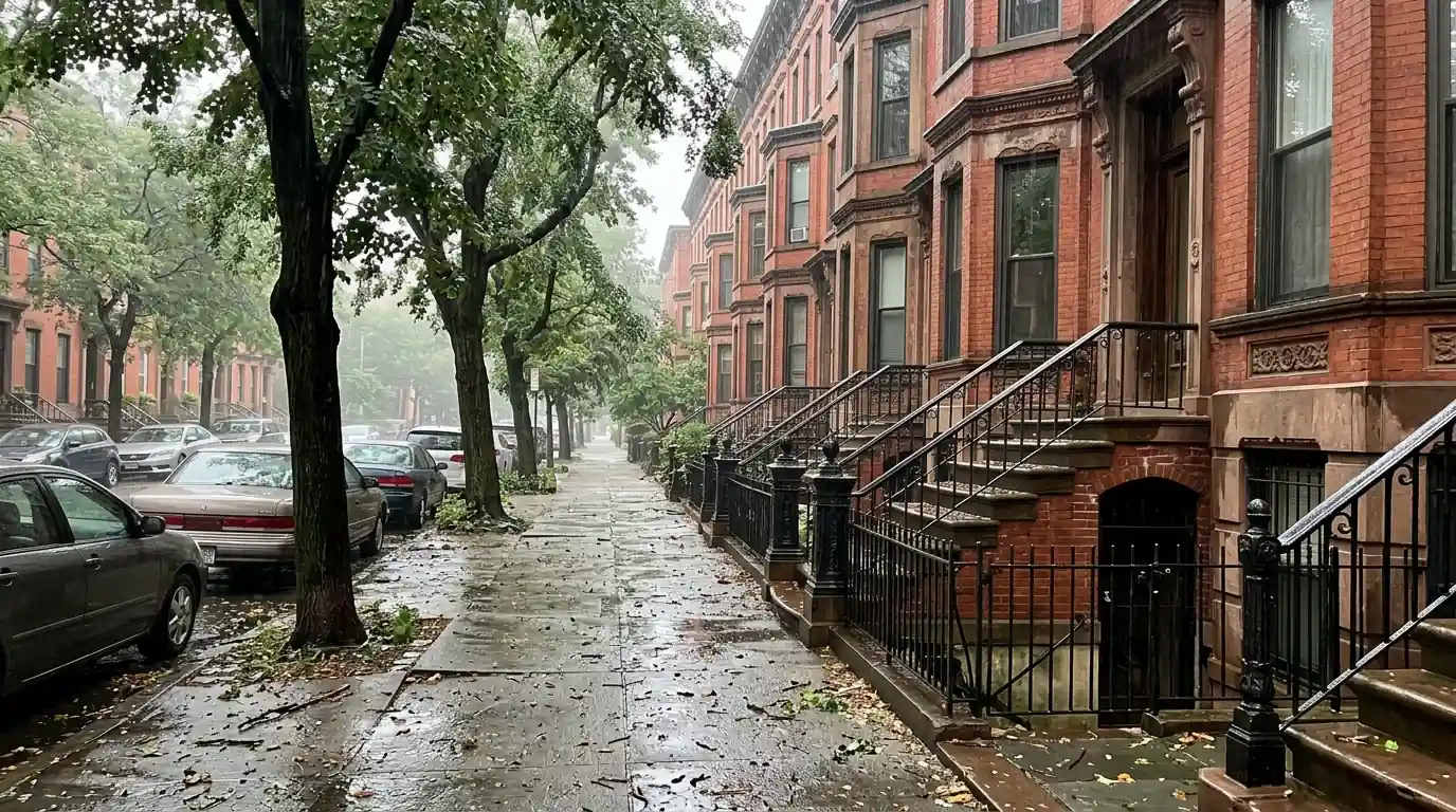 Row of brick DC rowhouses with English basement doors under front stoops on a wet street after a summer storm
