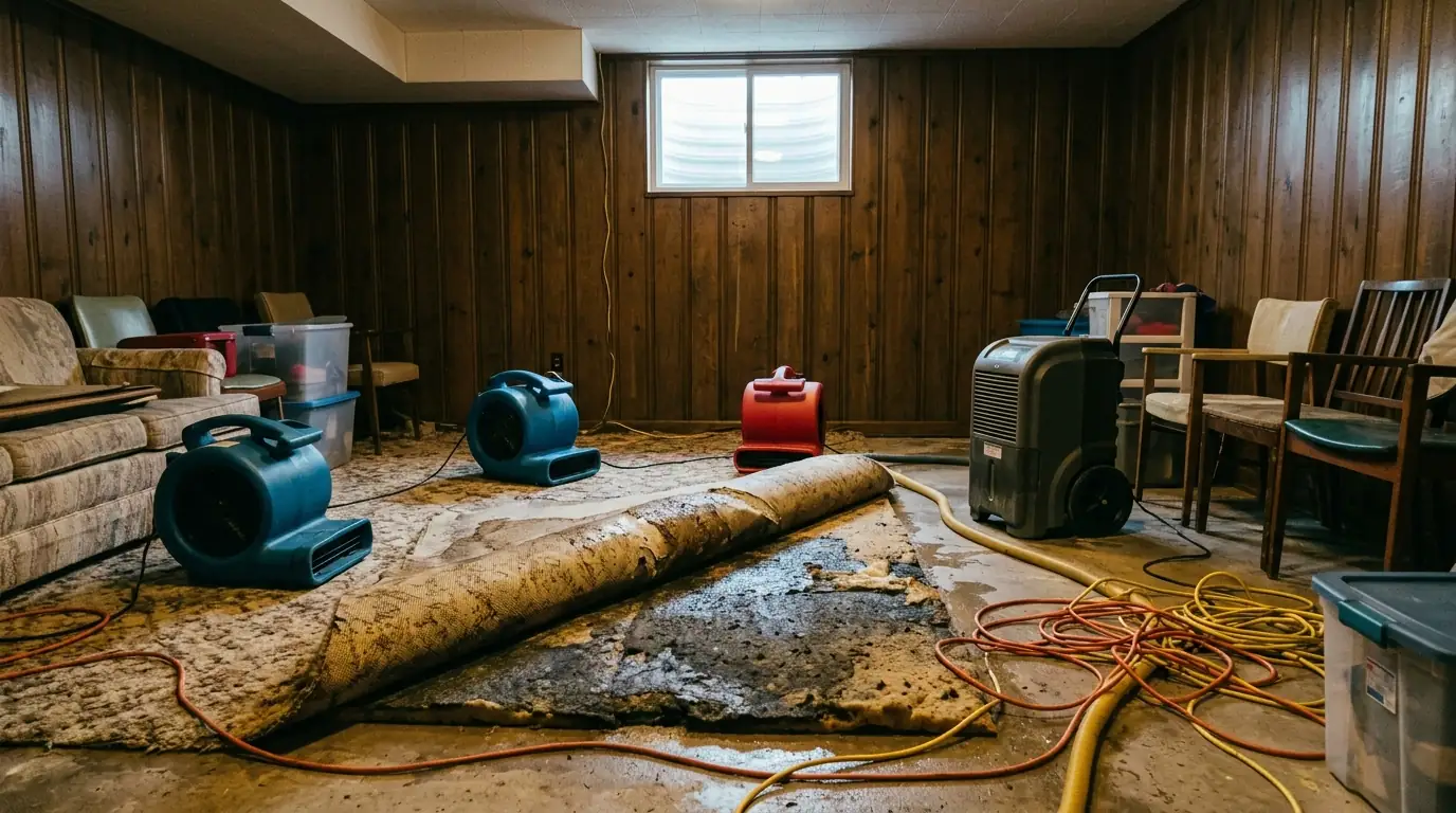 Wet carpet folded back in a finished basement rec room with air movers and a dehumidifier running