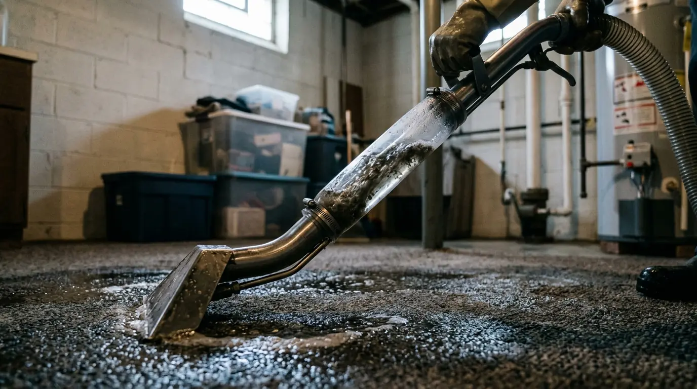 Extraction wand pulling standing water from a basement carpet