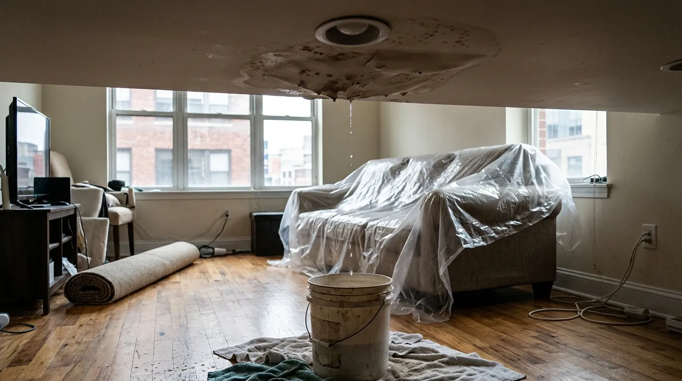 Water-stained sagging drywall ceiling in a condo living room with a bucket placed below the drip