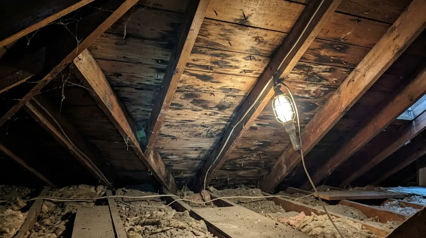 Dark staining on attic roof sheathing between wood rafters lit by a portable work light