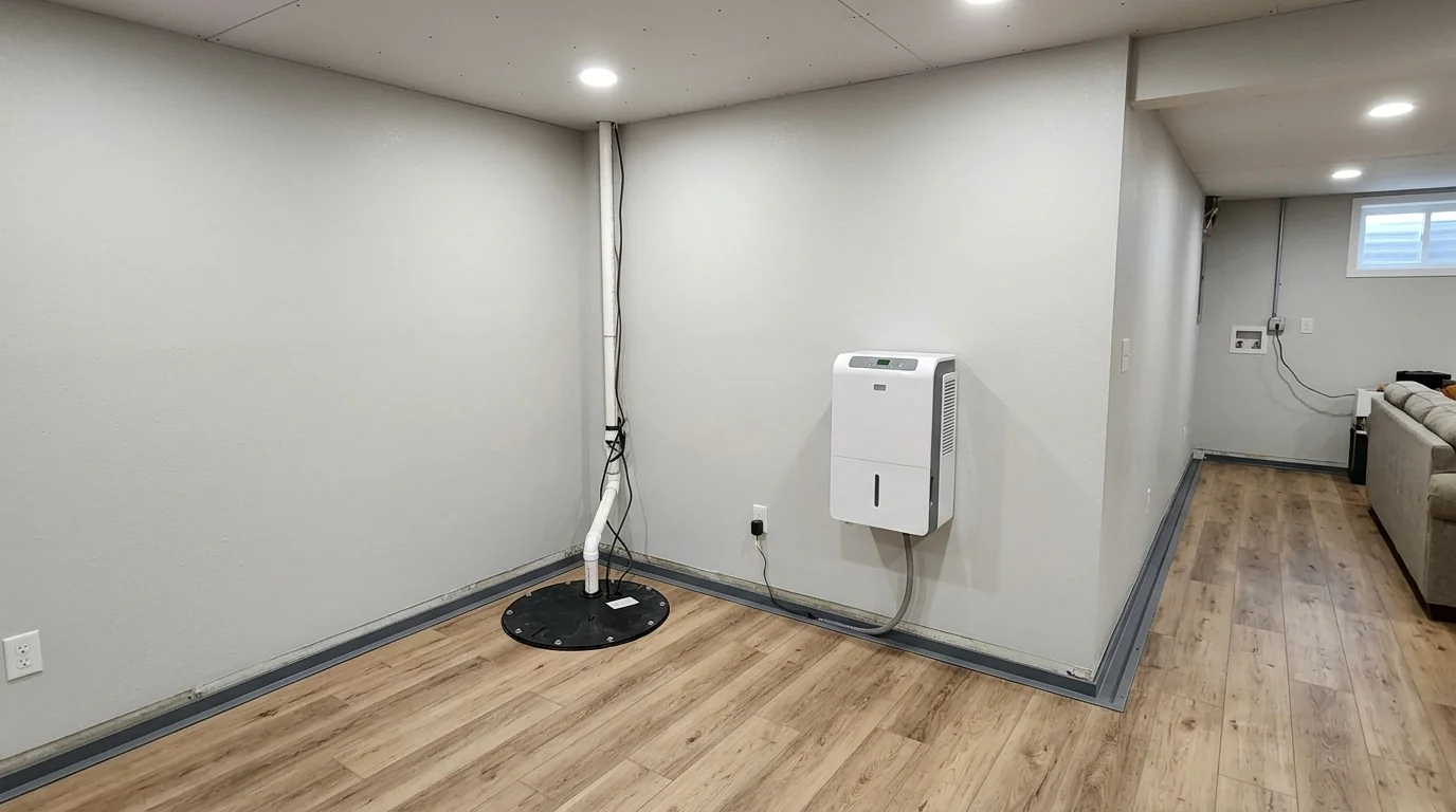 Dry finished basement with a perimeter drain, sump pit and dehumidifier