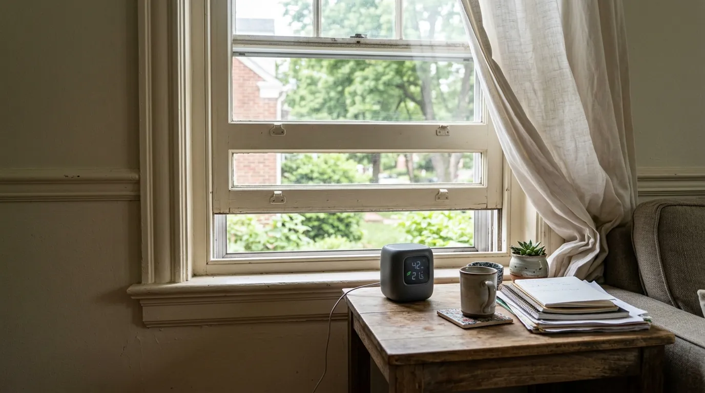 Small indoor air quality monitor on a living room side table near an open sash window