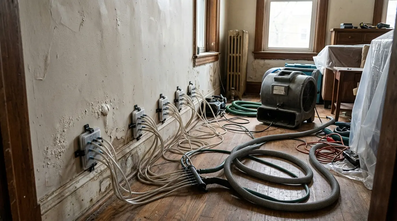 Injection drying panels clipped along the bottom of a plaster wall with tubing running to a drying unit