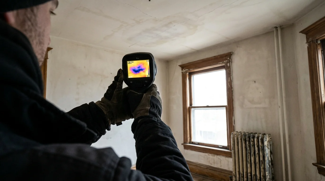 Thermal camera aimed at a faint stain on an old plaster ceiling above a cast iron radiator