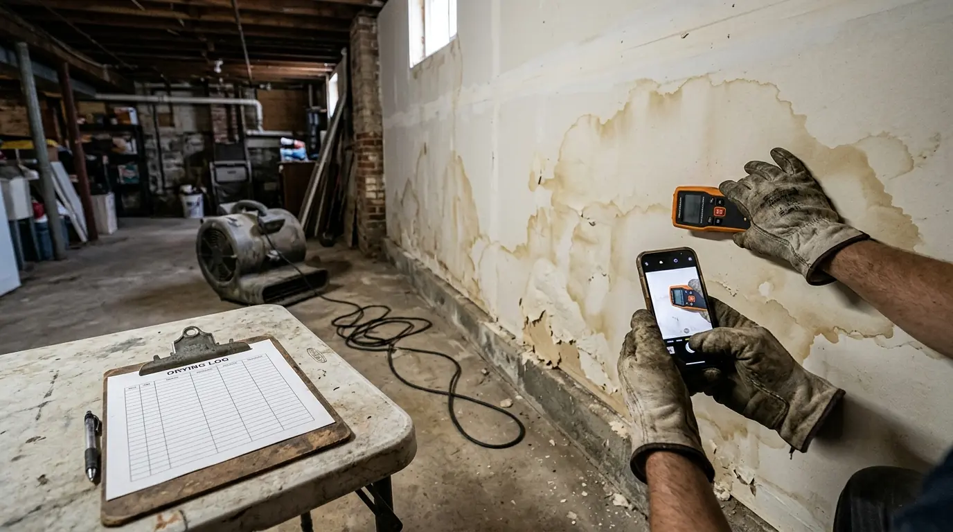 Gloved hand photographing a moisture meter reading on a water-stained drywall wall with a clipboard log nearby