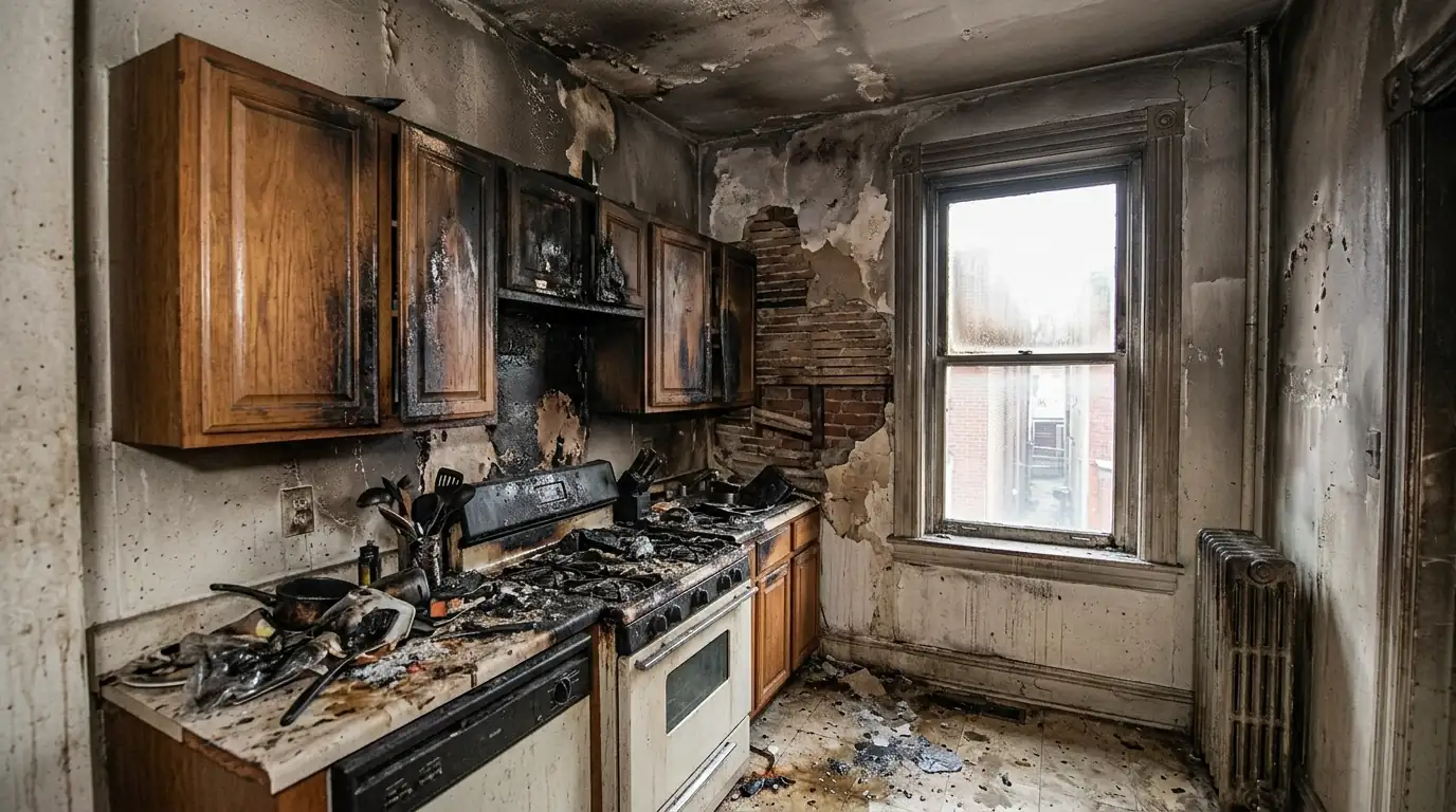 Charred kitchen wall and smoke-blackened ceiling inside a brick row home after a small fire