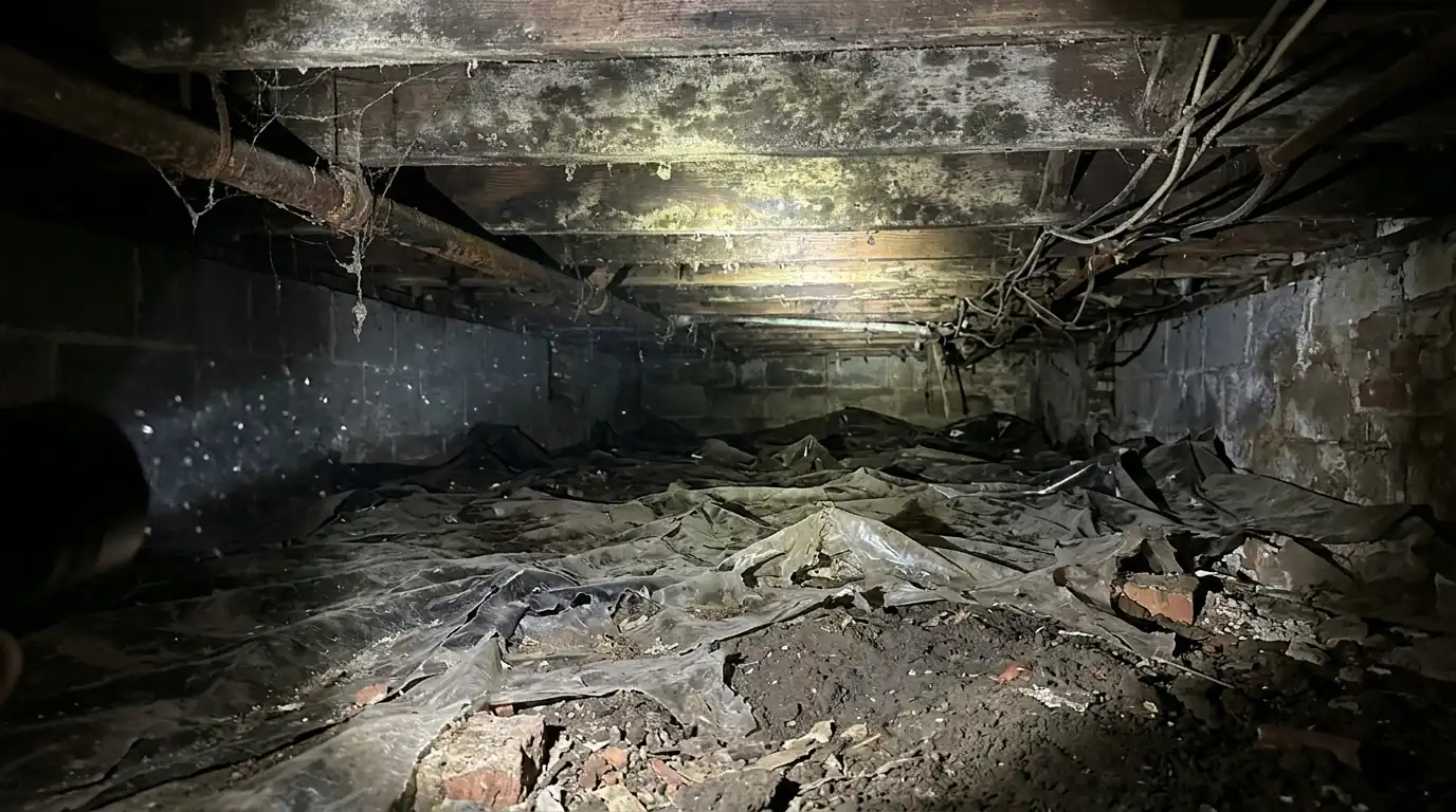 Flashlight beam on moldy floor joists and a torn plastic vapor barrier in a low crawl space