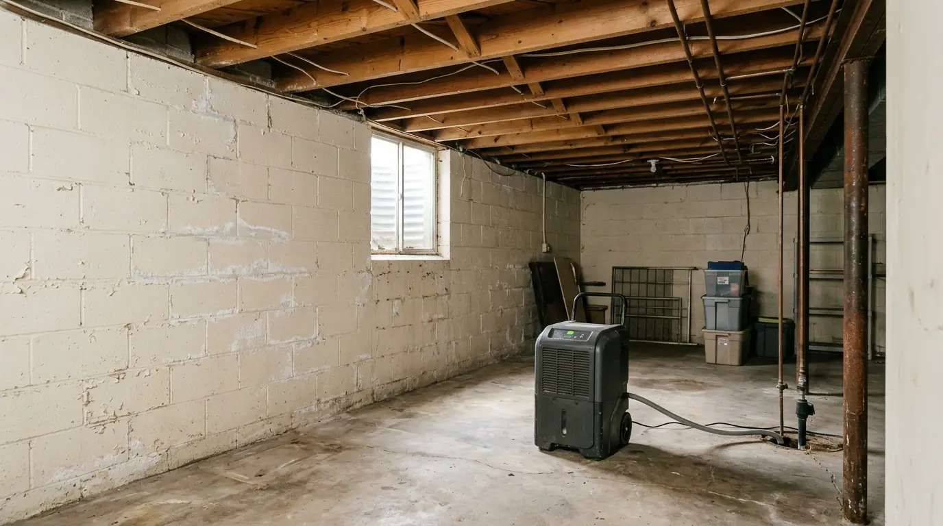 Cleaned cinder block basement wall with a dehumidifier running on the slab and joists overhead in a DC-area home