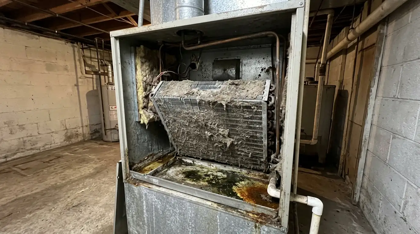 Open air handler cabinet showing a dusty coil and a drain pan with dark growth