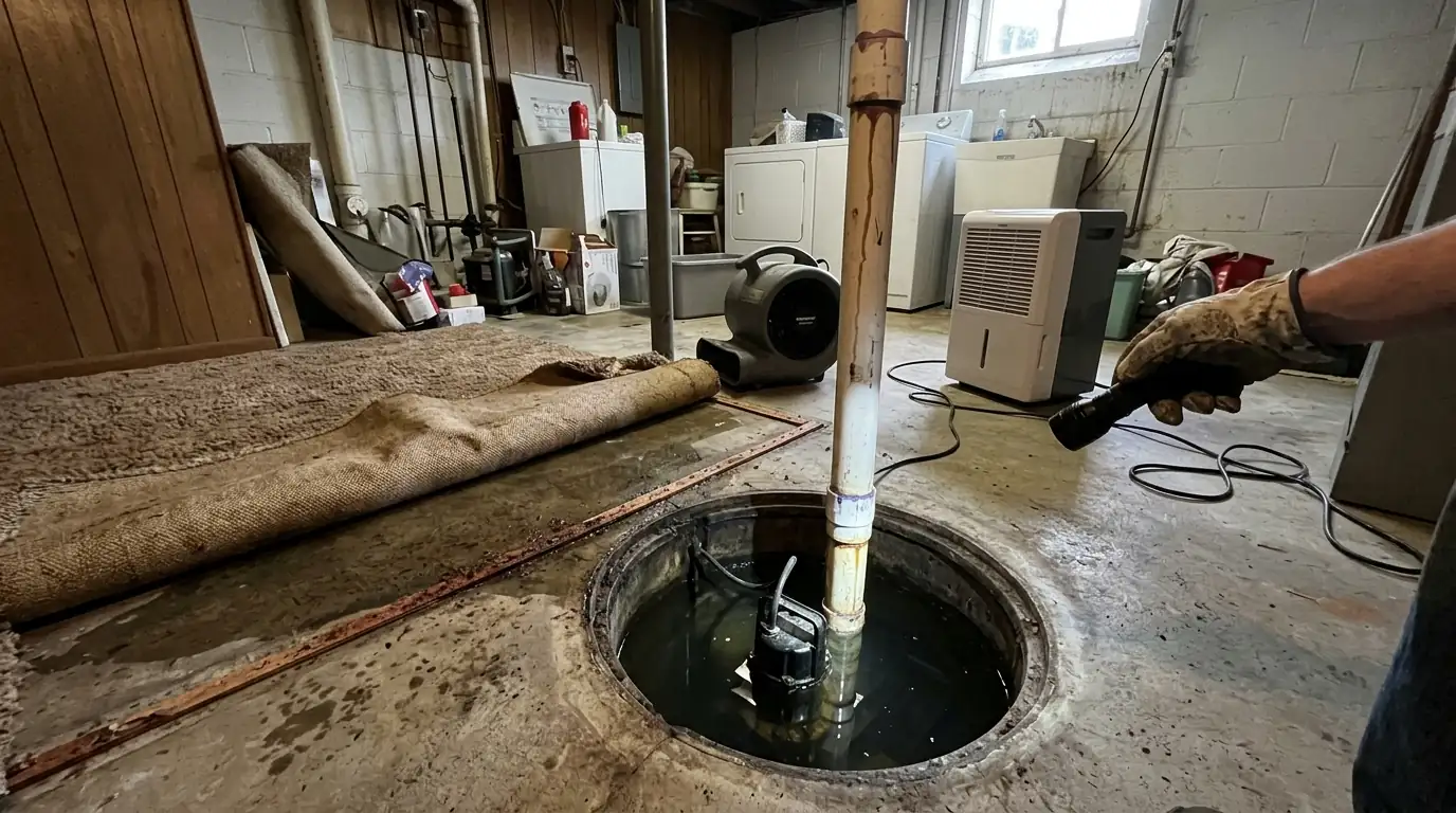 Open sump pit in a lower-level laundry room beside wet carpet edges and an air mover
