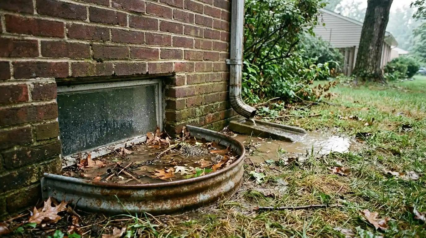 Basement window well filled with water and leaves outside a brick rambler after a storm